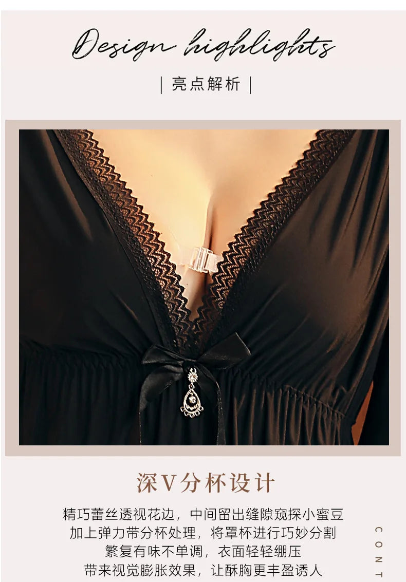 Fdfklak M-3XL Women’s Nightgowns Sexy Lace Deep V Neck Sleepshirt Mesh Short Sleeve Summer Nightdress Female Nightwear Dress