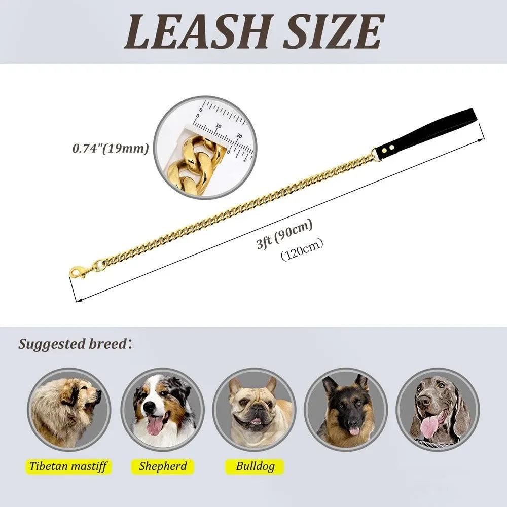 Stainless Steel Dog Leash Pet  Lead Traction  Super Strong Gold Collar Chain 32mm 19mm Bulldog Pitbull Large Dog Collar Leash