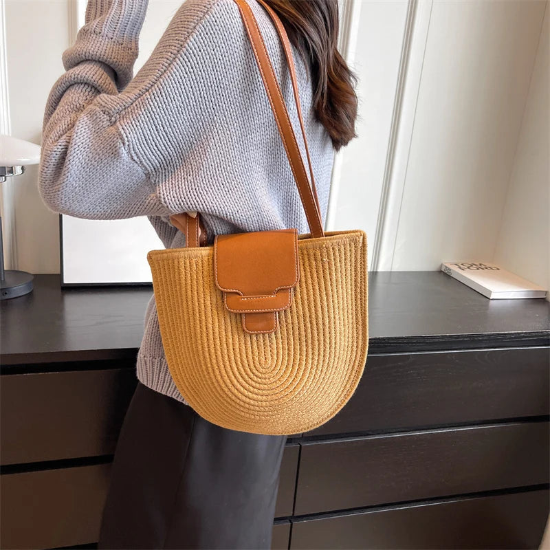 Large Capacity Beach Shopping Bag Luxury Design Woven Shoulder Bag Women Handmade Cotton Thread Woven Handbag Summer Travel Bag