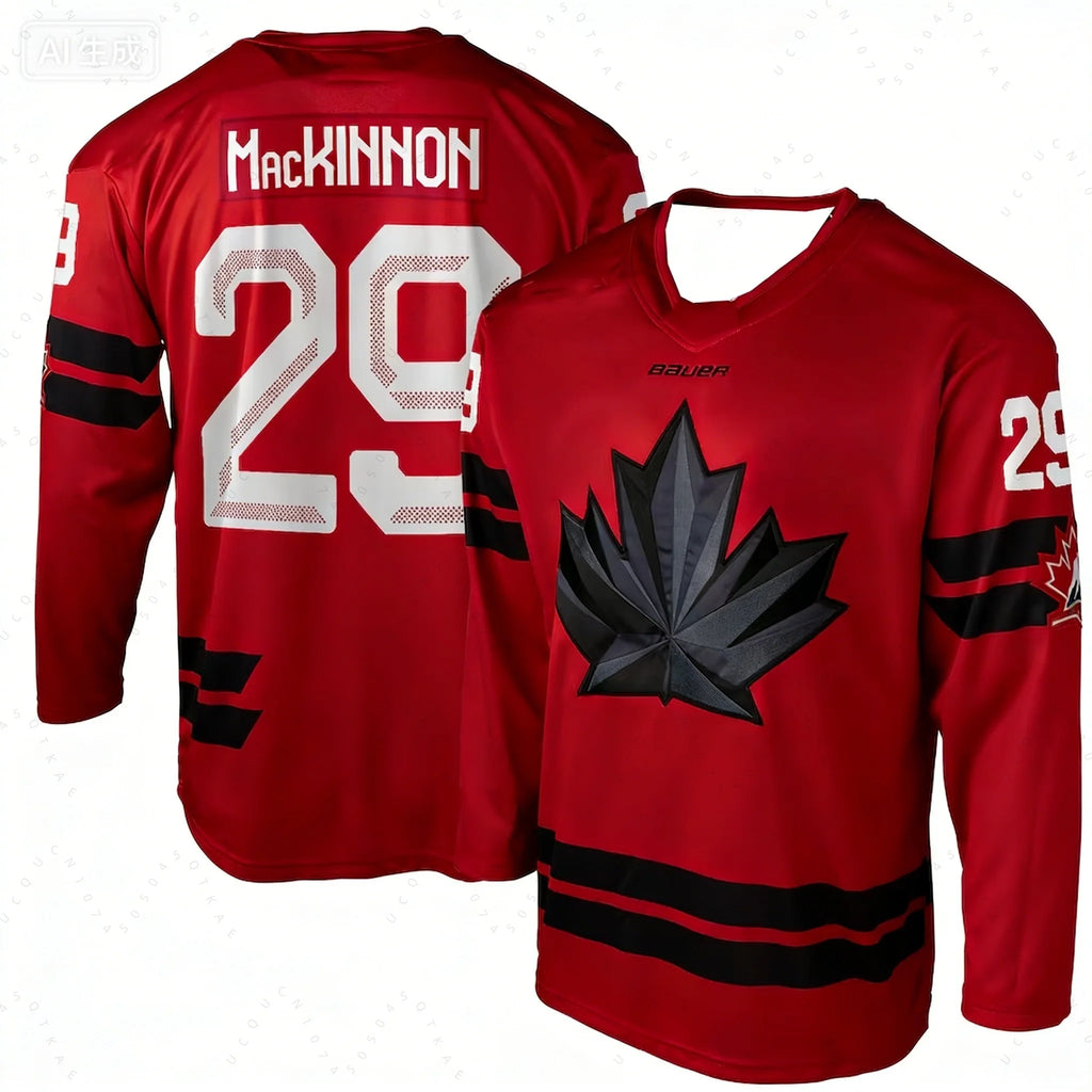 2026 NEW Men's Canada National Team Mackinnon 29 Ice Hockey Jersey Black Red Maple Leaf Long Sleeve Uniform