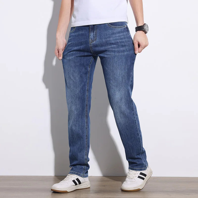 KSTUN 2025 Spring Summer Jeans For Men Slim Straight Gray Light Blue Stretch Jeans Regular Fit Denim Pants Mens Clothing Cowboys