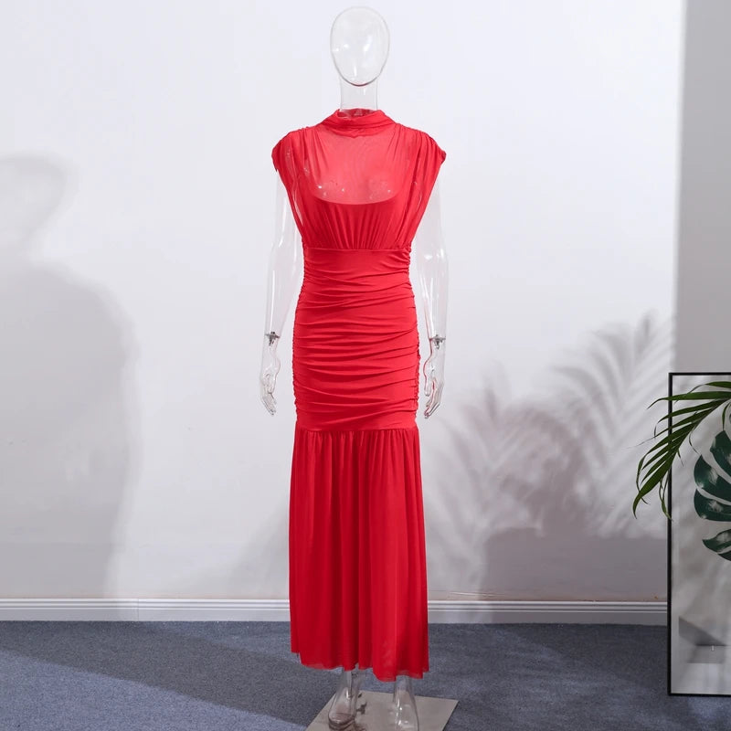 Sexy Red Pleated Mesh Long Dress Red See Through Patchwork Sleeveless A-line Party Dresses Female 2025 Summer Slim Robes Lady