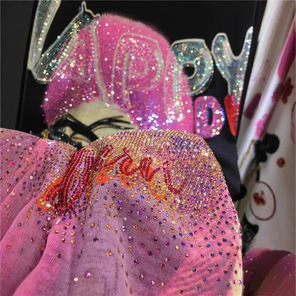 L-4XL Plus Size Casual T Shirts for Women Cartoon Lady Rhinestone Summer Short Sleeve Loose Tops Womens Clothing Женская Одежда