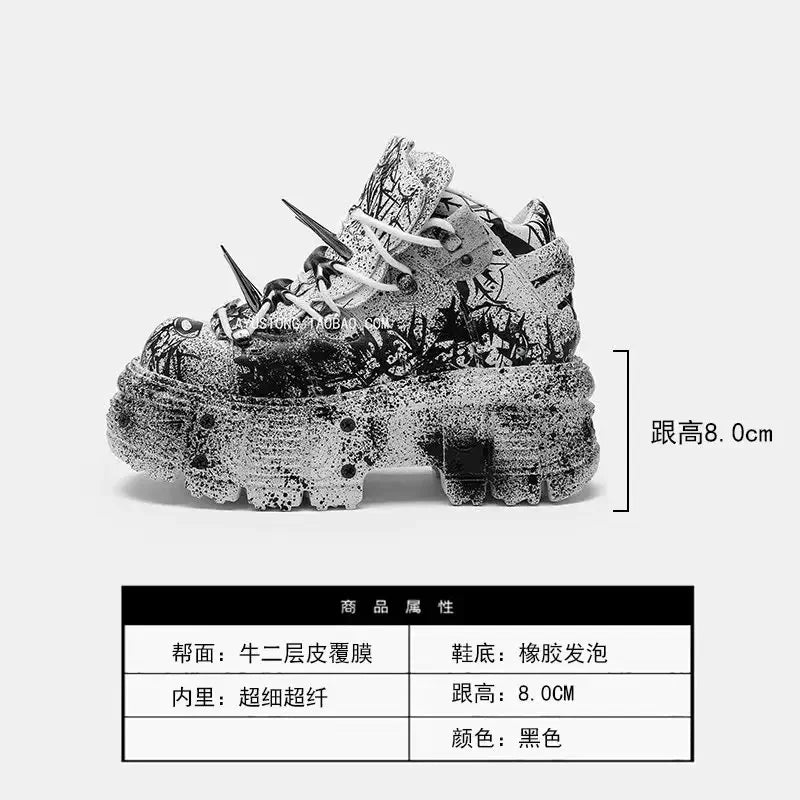 2025 Retro Heavy Metal Platform Men's and Women's Graffiti Punk Muffin Black Rivets Small Height Increasing Dad Shoes