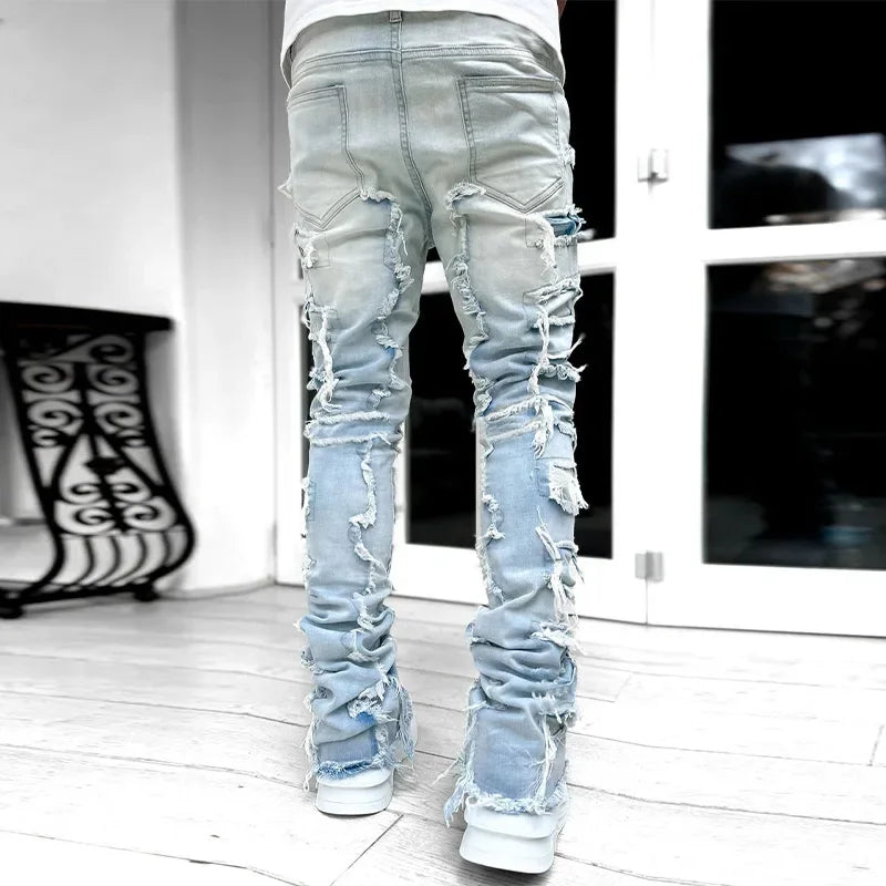 Men Jeans Ripped Vintage Tassel Wash Old Slim Stacked Patch Hip Hop Pencil Denim Man Pants 2026 Streetwear Male Long Trousers