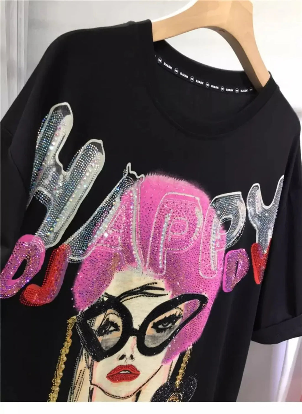 L-4XL Plus Size Casual T Shirts for Women Cartoon Lady Rhinestone Summer Short Sleeve Loose Tops Womens Clothing Женская Одежда