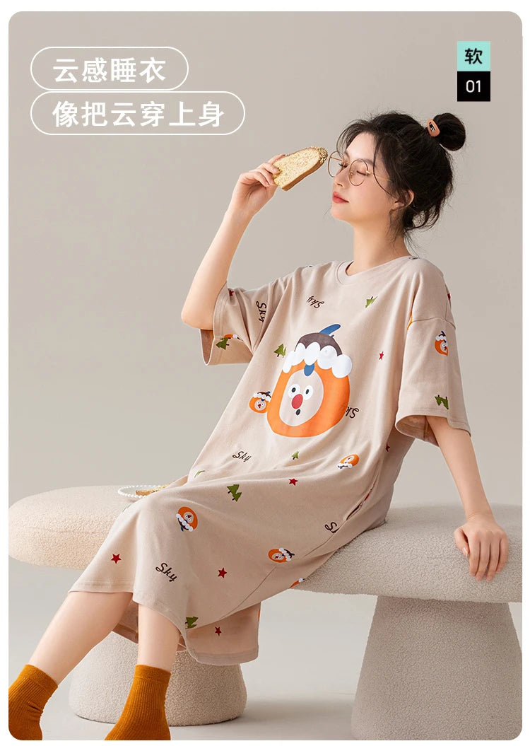 100% COTTON! SUKAE Summer New Women Lovely Sleepshirt Fashion Nightgowns Leisure Dress Casual Nightdress Short Sleeves Nightgown