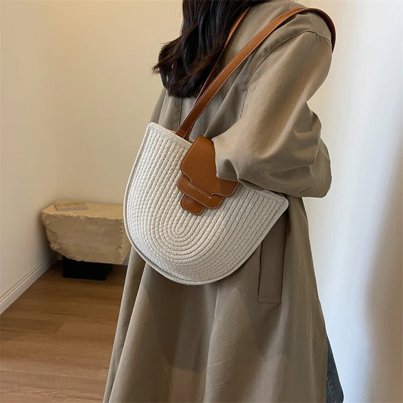 Large Capacity Beach Shopping Bag Luxury Design Woven Shoulder Bag Women Handmade Cotton Thread Woven Handbag Summer Travel Bag