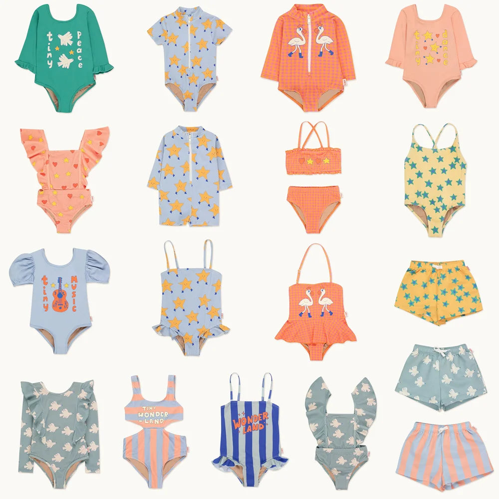 In Stock 2026 New Summer Baby Girl Swimsuit Seaside Ruffle Swimwear Boy Board Shorts Printed Children Bikinis Monokini