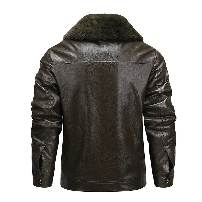 Winter Men Fleece Motor Biker Leather Jacket Man Lapel Thick Outwear Leather Coat Man Vintage Formal Fashion Leather Windbreaker