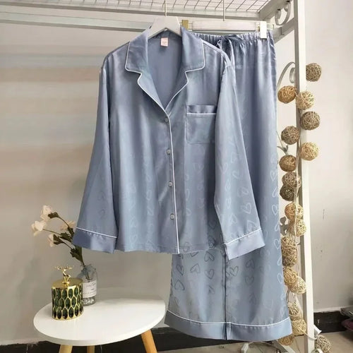 2 Piece Summer Women's Pajamas Sets Satin Silk Thin Pyjama Pijama Mujer Striped Sleepwear Long Sleeve Pants Loungewear Homewear