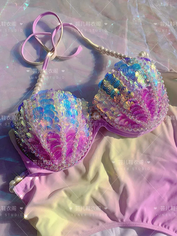 RM Mermaid Sequin Corset Bikini Swimsuit Free Diving Performance Oceanarium Electro Festival Bra Bar Cos Costumes