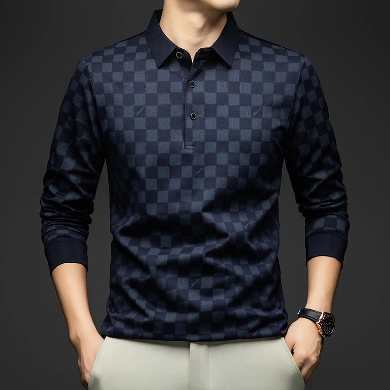 BROWON Polo Shirts for Man Autumn Business Slim Fit Long Sleeve T Shirt Men 2026 New Casual Loose Pullover Plaid Men Tops & Tees