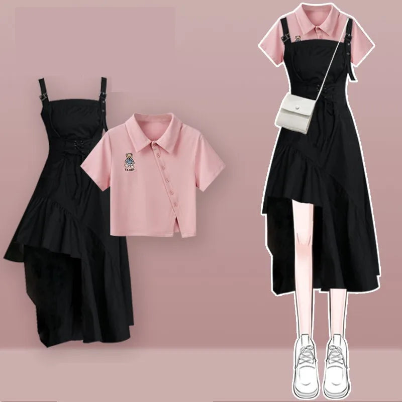2025 Korean Elegant Summer New In Matching Set Women Fashion Short Sleeved T-shirt+Strap Dress Two Piece Female Chic Skirt Suit