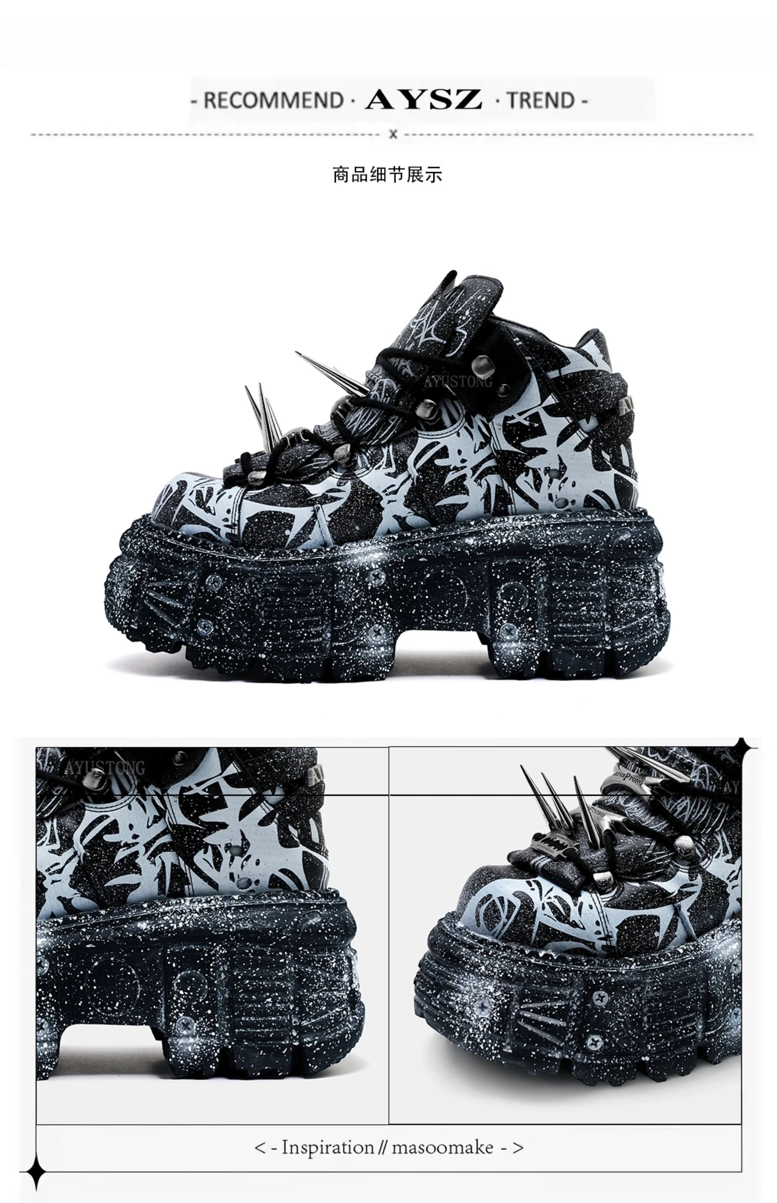 2025 Retro Heavy Metal Platform Men's and Women's Graffiti Punk Muffin Black Rivets Small Height Increasing Dad Shoes