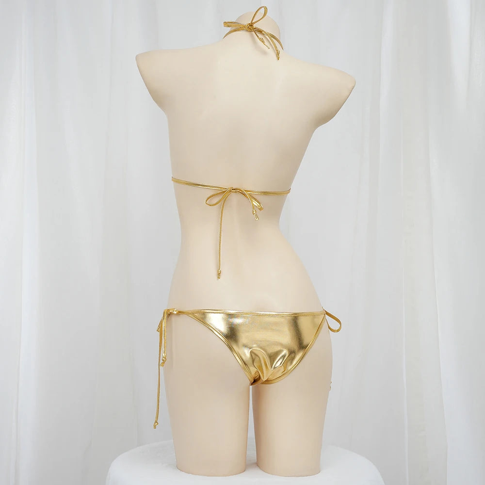 Sexy Bikini 2025 Women Gold Laser Fabric Bikini Low Waist Triangle Bikinis Sets Bandage Lingerie Swimsuit Swimwear Underwear