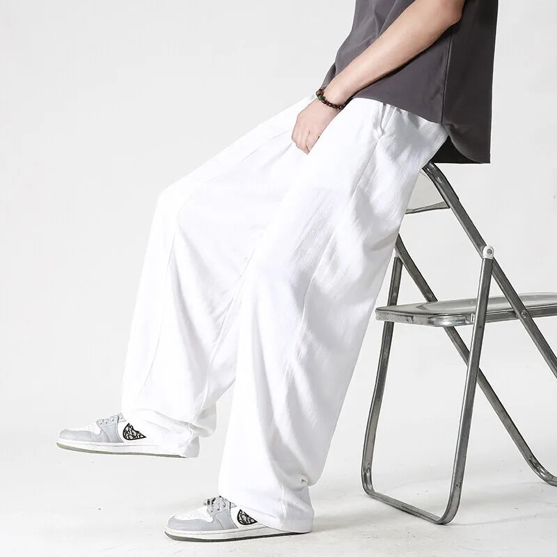 Summer Wide Leg Pants Men's Cotton Linen Harun Loose Pants Men Casual Elastic Waist Circumference Lantern Trousers Plus Size 5XL