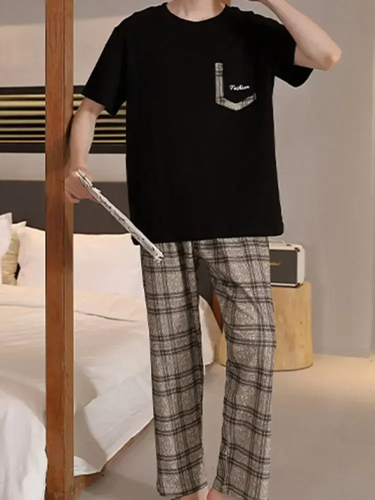 SUKAE Mens Plus Size L-5XL Homewear Summer Cotton Short Sleeve Full Pants Pajamas Set for Man Leisure Sleepwear Trendy Nightwear