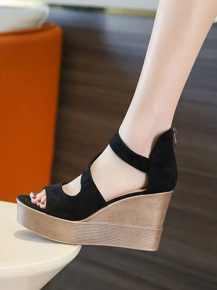 Footwear Wedges Heel Summer 2025 Roman Style Sandals for Woman Super-high Women's Shoes Wedge with Platform Waterproof Zip Black