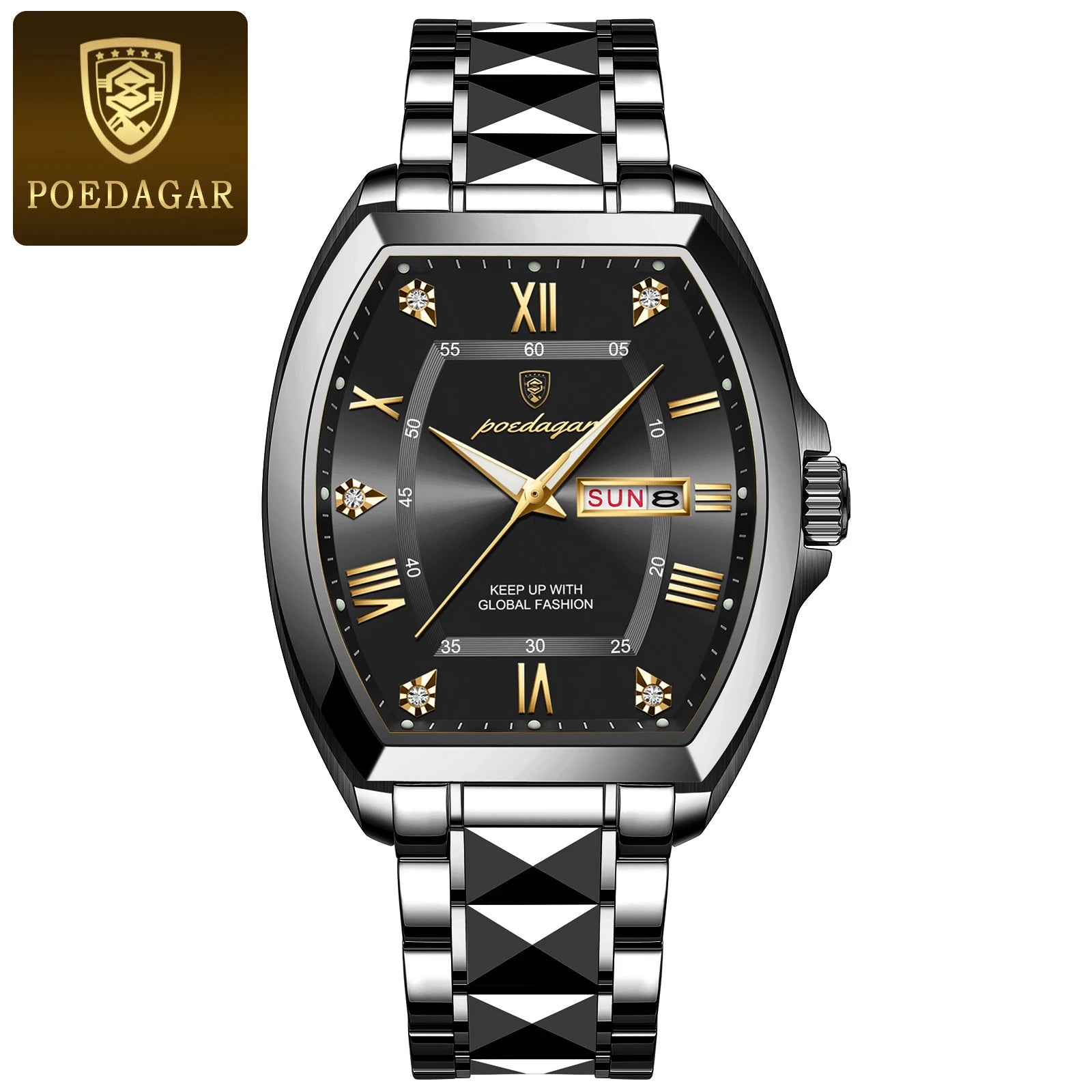 POEDAGAR Luxury Tonneau Men Watch Luminous Waterproof Date Week Man Watch Stainless Steel Fashion Original Men's Quartz Watches