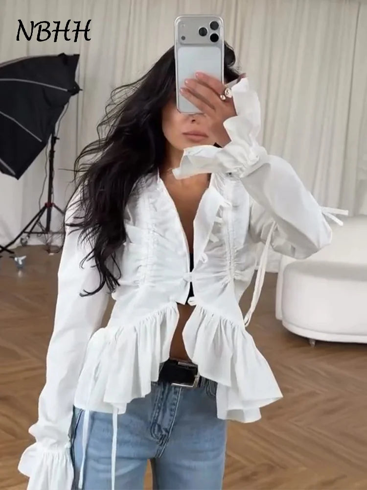 Elegant Chic Ruffle Hem Women's Shirt Flare Sleeve Single Breasted Drawstring Pleat Cropped Shirts 2026 Spring Summer Lady Top