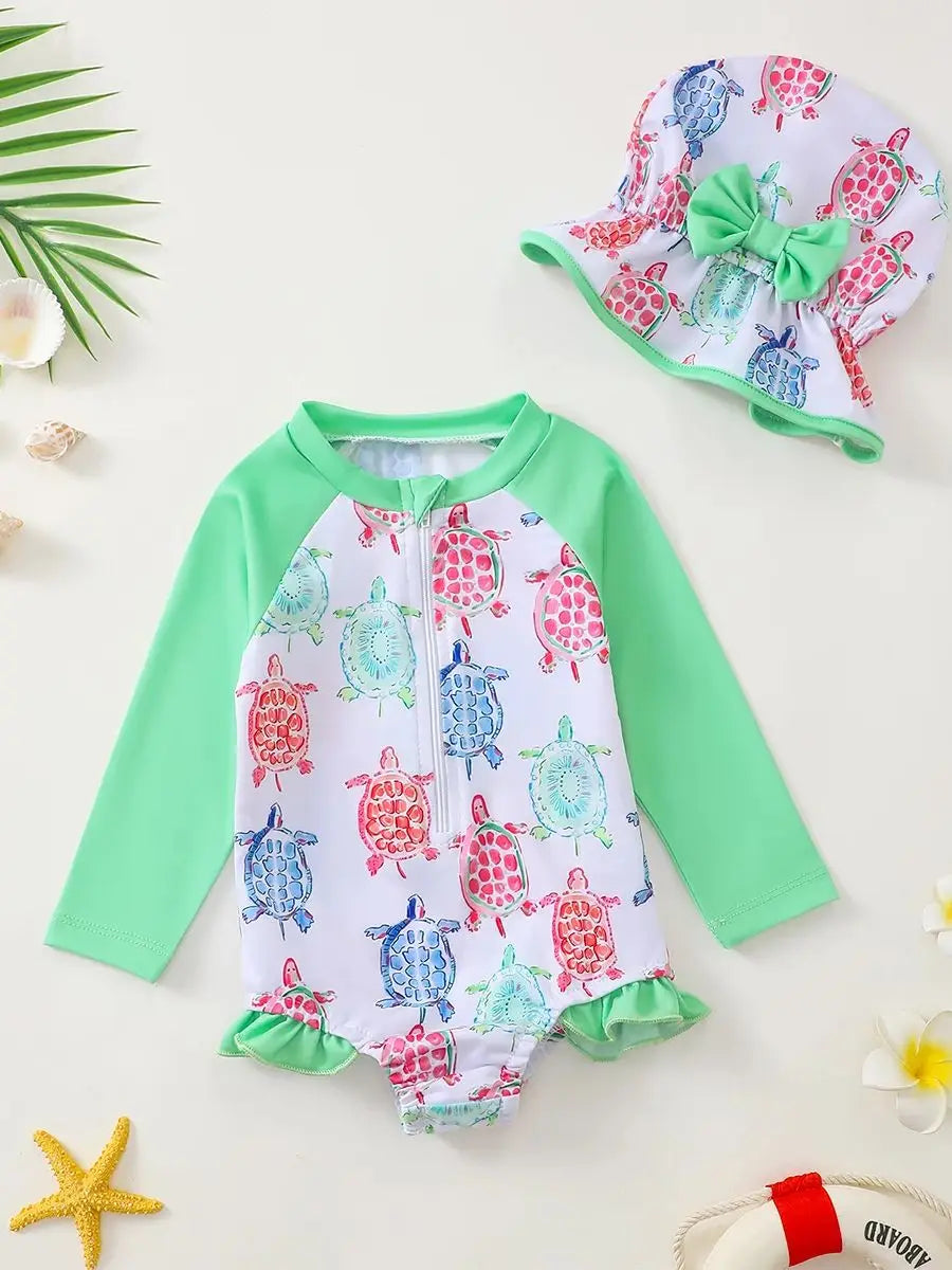 Baby Girl Turtle Print Long Sleeve Onesie Swimsuit with Wood Grain Ruffle Hat Matching Ensemble for Infants And Toddlers