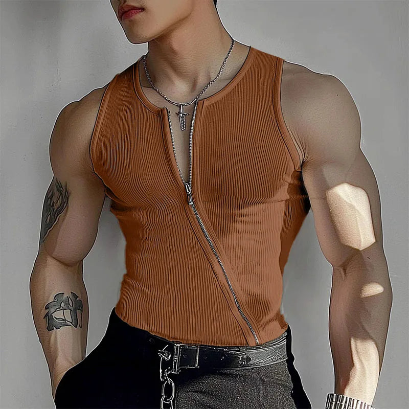 2025 Men Tank Tops Solid Color Knitted Zipper Sleeveless Male Vests Summer Streetwear Skinny Fashion Men Clothing S-3XL INCERUN
