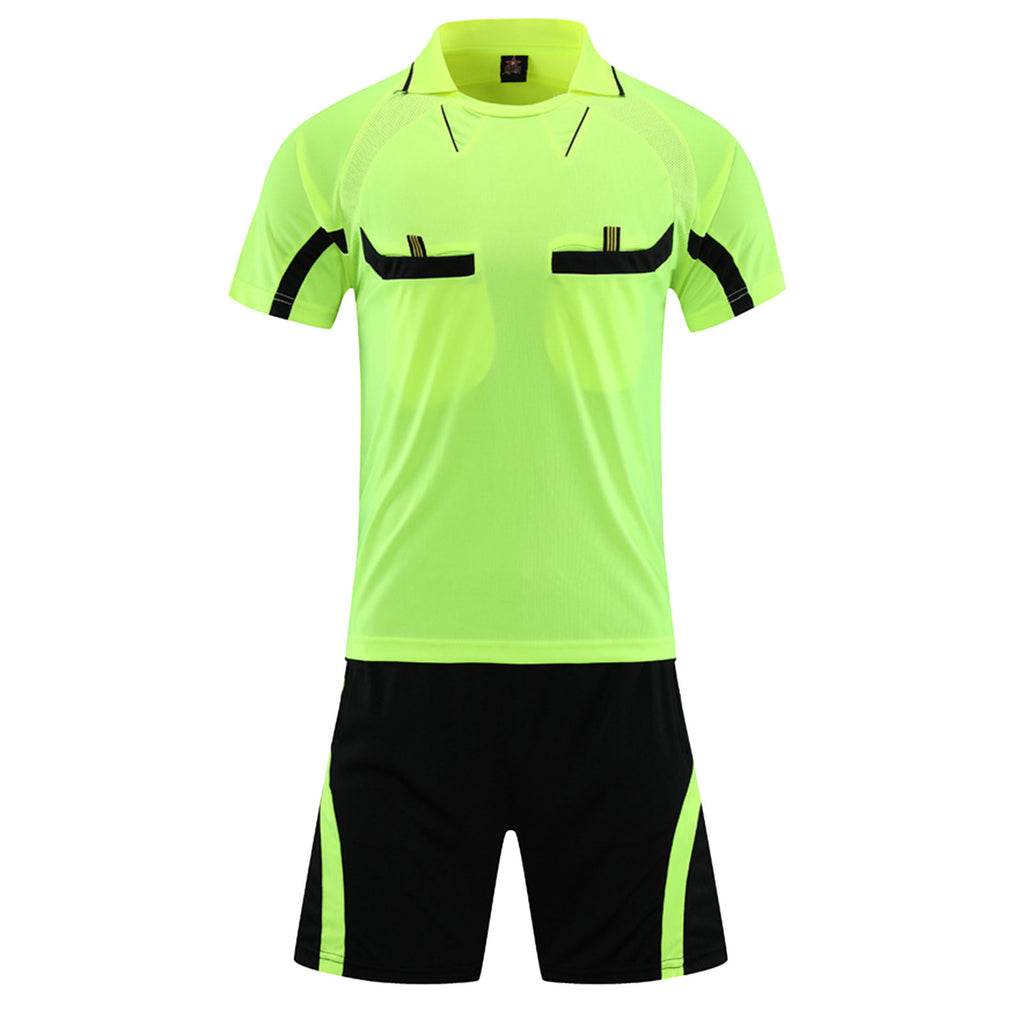 Mens Soccer Jersey Referee Outfit Football Match Uniform Tracksuit Turn-Down Collar Short Sleeve Pockets T-shirt with Shorts
