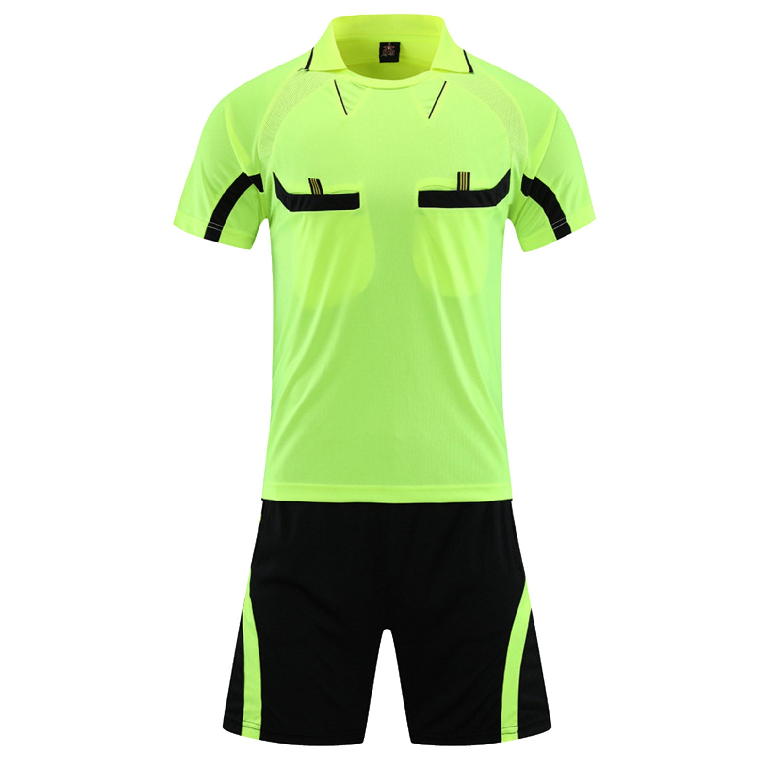 Mens Soccer Jersey Referee Outfit Football Match Uniform Tracksuit Turn-Down Collar Short Sleeve Pockets T-shirt with Shorts