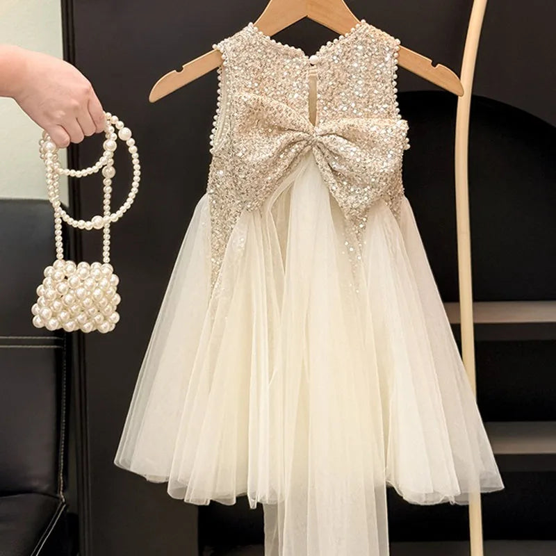 Girls Elegant Sequined Horn Skirt New Kid Party Dresses Baby Fashion Mesh Round Collar Sleeveless Skirt Western-style Vest Dress