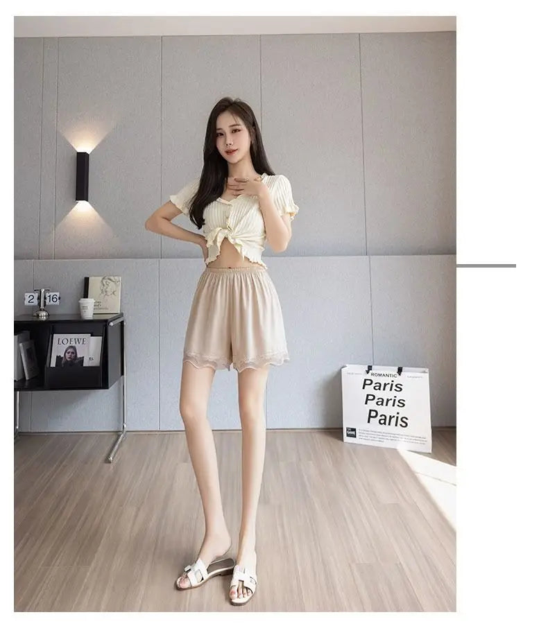 Ice Silk Safety Shorts for Women Anti-Pantyline Seamless Invisible Underwear Summer Thin Breathable Lace Lined Panties Home Wear