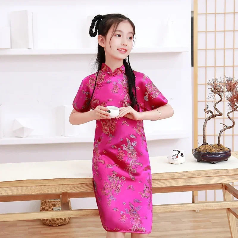 Summer Modern Cheongsam Children Girls Dresses Baby Fashion Kids Clothes Chinese Style Girl Dress Vestidos Casual Qipao Costumes