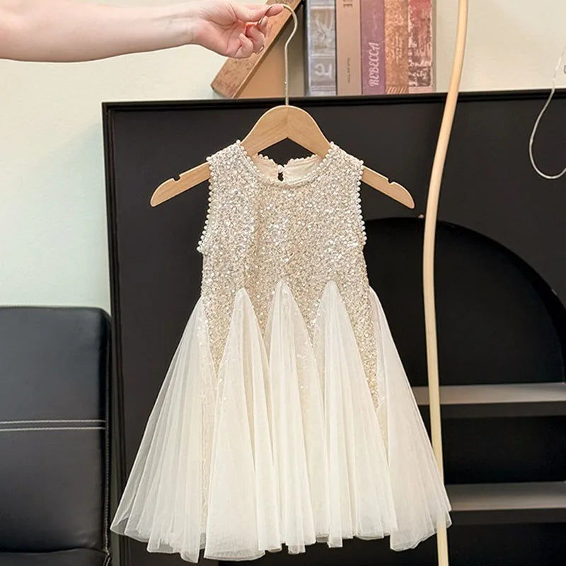 Girls Elegant Sequined Horn Skirt New Kid Party Dresses Baby Fashion Mesh Round Collar Sleeveless Skirt Western-style Vest Dress