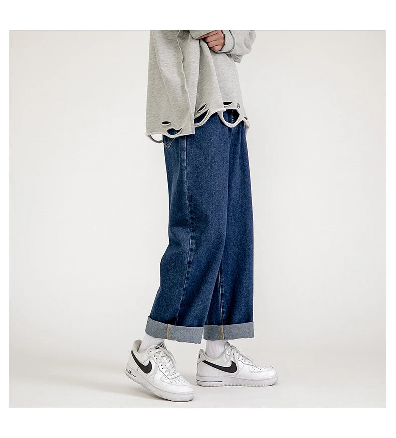 2023 New Korean Fashion Men's Baggy Jeans Classic Unisex Man Straight Denim Wide-leg Pants Hip Hop Bagy Light Blue Grey Black