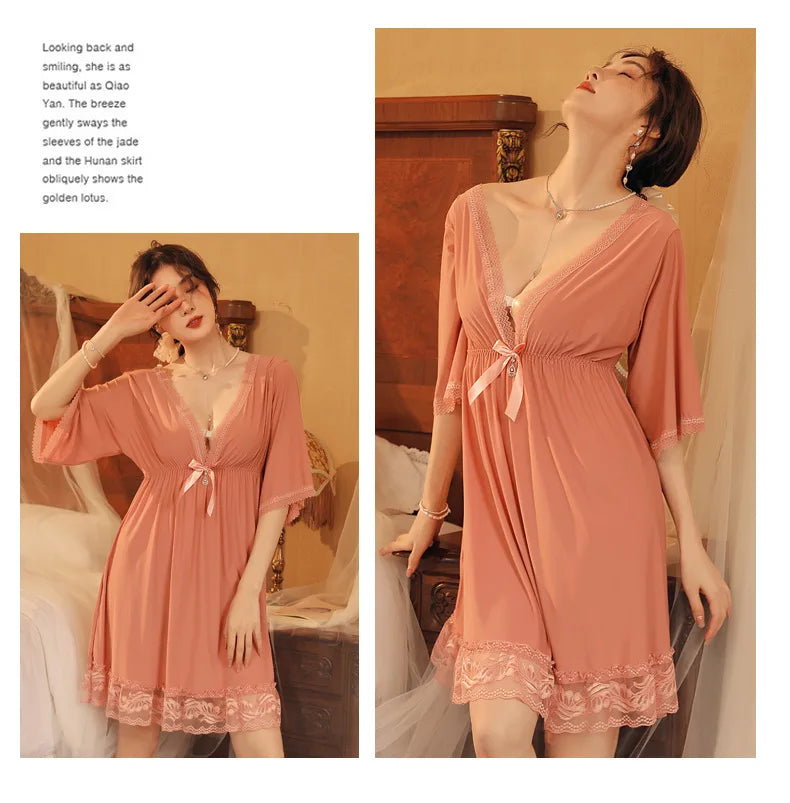 Fdfklak M-3XL Women’s Nightgowns Sexy Lace Deep V Neck Sleepshirt Mesh Short Sleeve Summer Nightdress Female Nightwear Dress