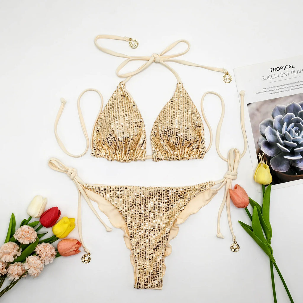 Circyy Sequins Bikini Set  Women Neck-mounted Lace Up Fashion Bathing Suit Two-piece Holiday Sexy Split Swimsuit Summer 2026 New