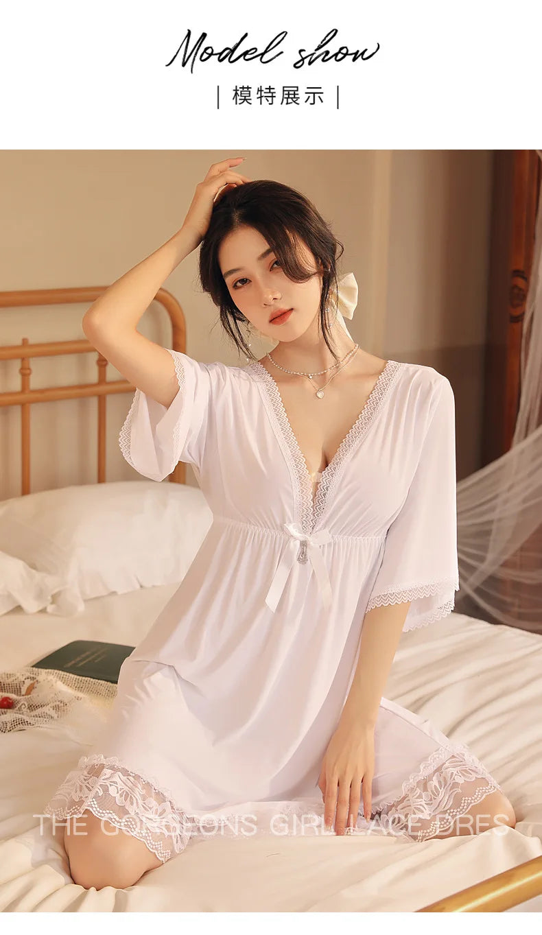 Fdfklak M-3XL Women’s Nightgowns Sexy Lace Deep V Neck Sleepshirt Mesh Short Sleeve Summer Nightdress Female Nightwear Dress