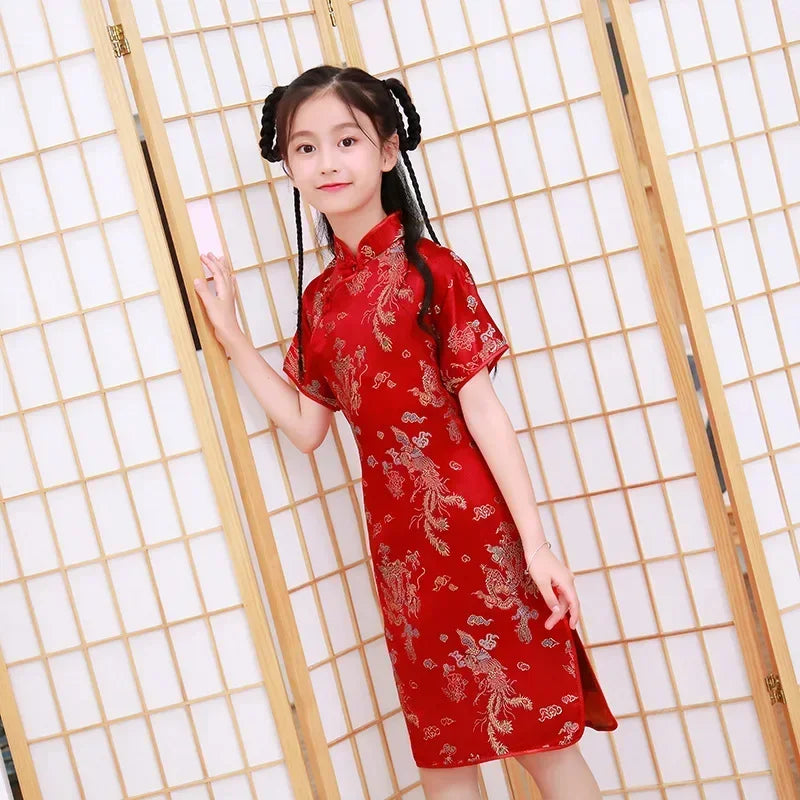Summer Modern Cheongsam Children Girls Dresses Baby Fashion Kids Clothes Chinese Style Girl Dress Vestidos Casual Qipao Costumes
