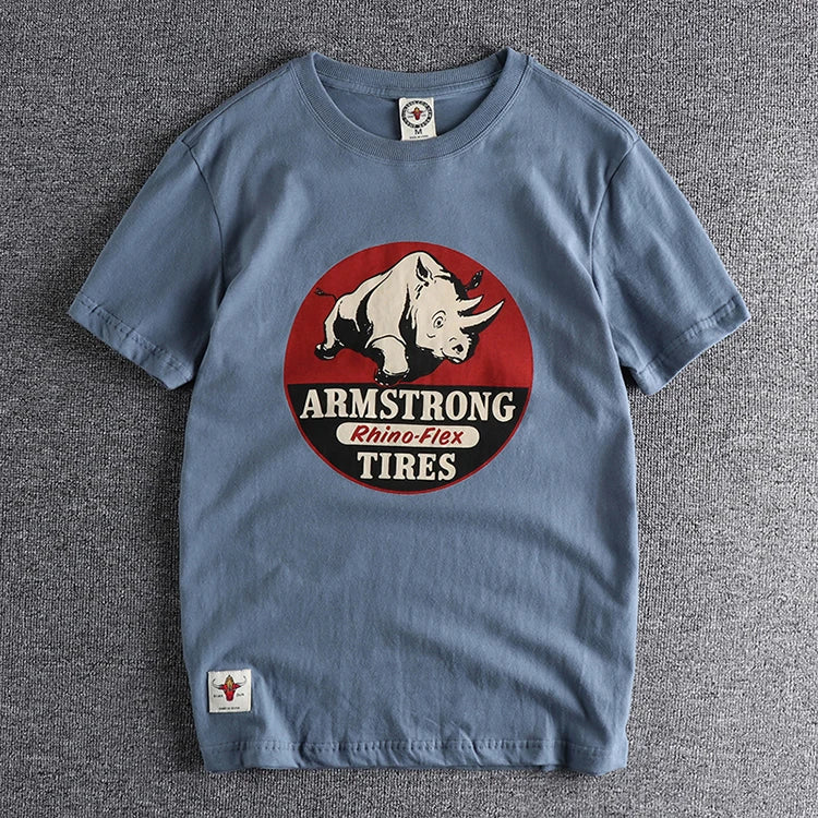 Summer new wash matte comfortable short sleeve t-shirt men's rhinoceros Vintage Print versatile youth fashion casual half sleeve