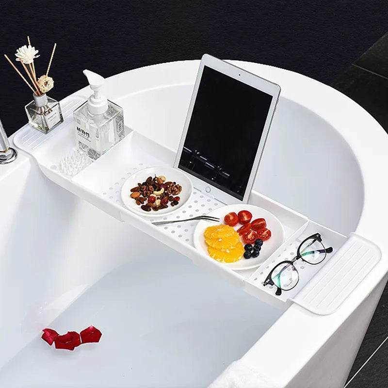 Multi-Function Bathtub Accessories: Retractable Bath Shelf, Tub Storage Rack, Towel Organizer for Bathroom