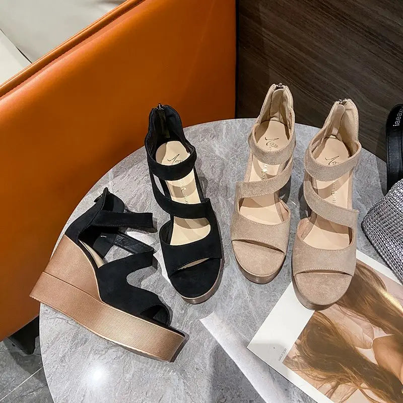 Footwear Wedges Heel Summer 2025 Roman Style Sandals for Woman Super-high Women's Shoes Wedge with Platform Waterproof Zip Black