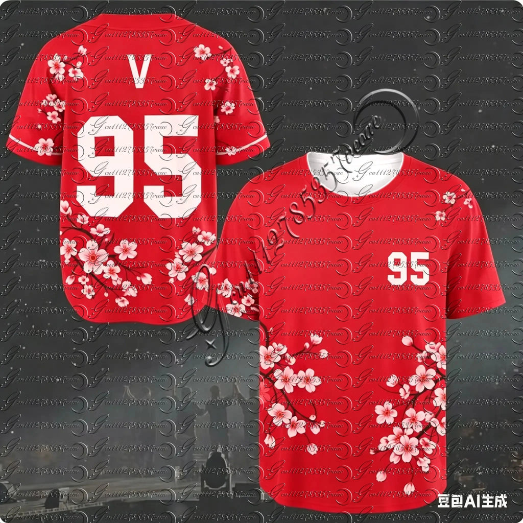 J-HOPE 94 Cherry Blossom Baseball Jersey, Floral Print Short Sleeve Shirt, Kpop Fans Casual Streetwear Tops for Kids&Youth