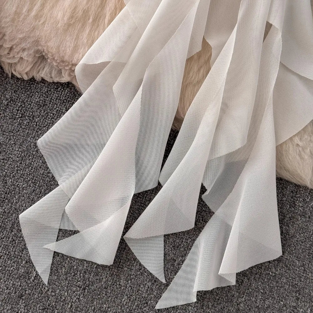 Foamlina French Style White Strapless Dress Women Summer Lace Irregular Flanged Ribbon Design Girl's Holiday Shopping Dresses