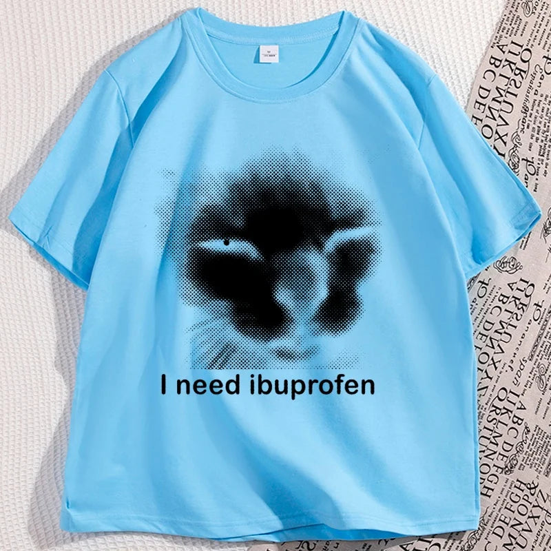 I Need Ibuprofen Cat T-shirts for Man Cotton Caual Short Sleeve Funny Vintage Graphic Cat T-shirt Unisex Silly Kitten Tshirt