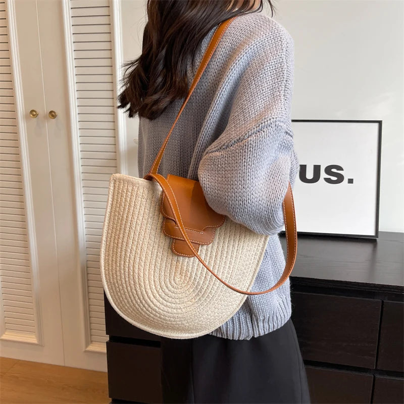 Large Capacity Beach Shopping Bag Luxury Design Woven Shoulder Bag Women Handmade Cotton Thread Woven Handbag Summer Travel Bag