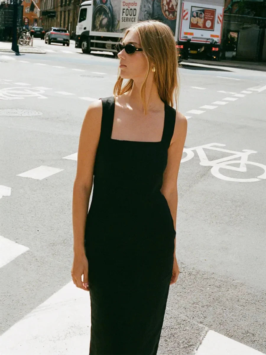 Wolfeel Cotton Linen Square Neck Suspender Dress Women's Solid Color Fashion Slim Fit Long Dress Summer New Women's Clothing