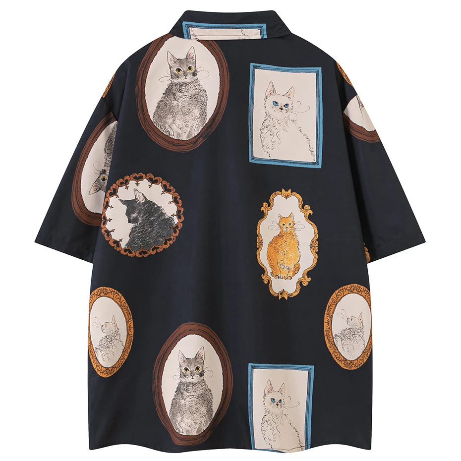 Cat Graphic Shirts Men's 2026 Summer Loose Short Sleeve Shirts Button Up Blouse Oversized Streetwear Fashion Shirts Man