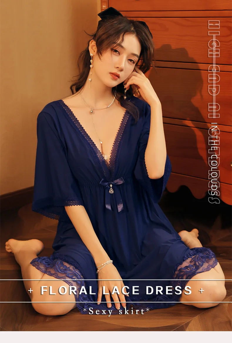 Fdfklak M-3XL Women’s Nightgowns Sexy Lace Deep V Neck Sleepshirt Mesh Short Sleeve Summer Nightdress Female Nightwear Dress