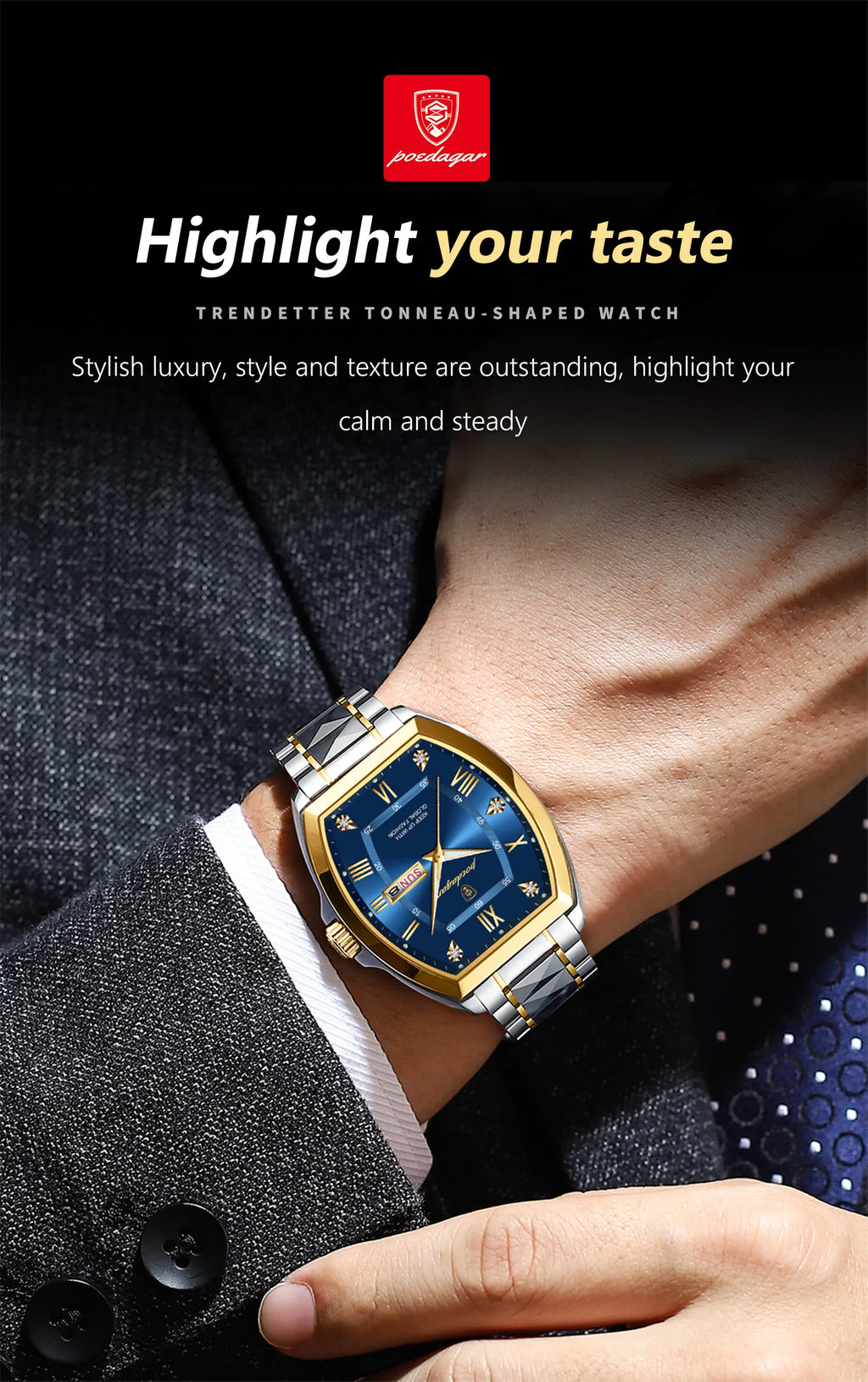 POEDAGAR Luxury Tonneau Men Watch Luminous Waterproof Date Week Man Watch Stainless Steel Fashion Original Men's Quartz Watches