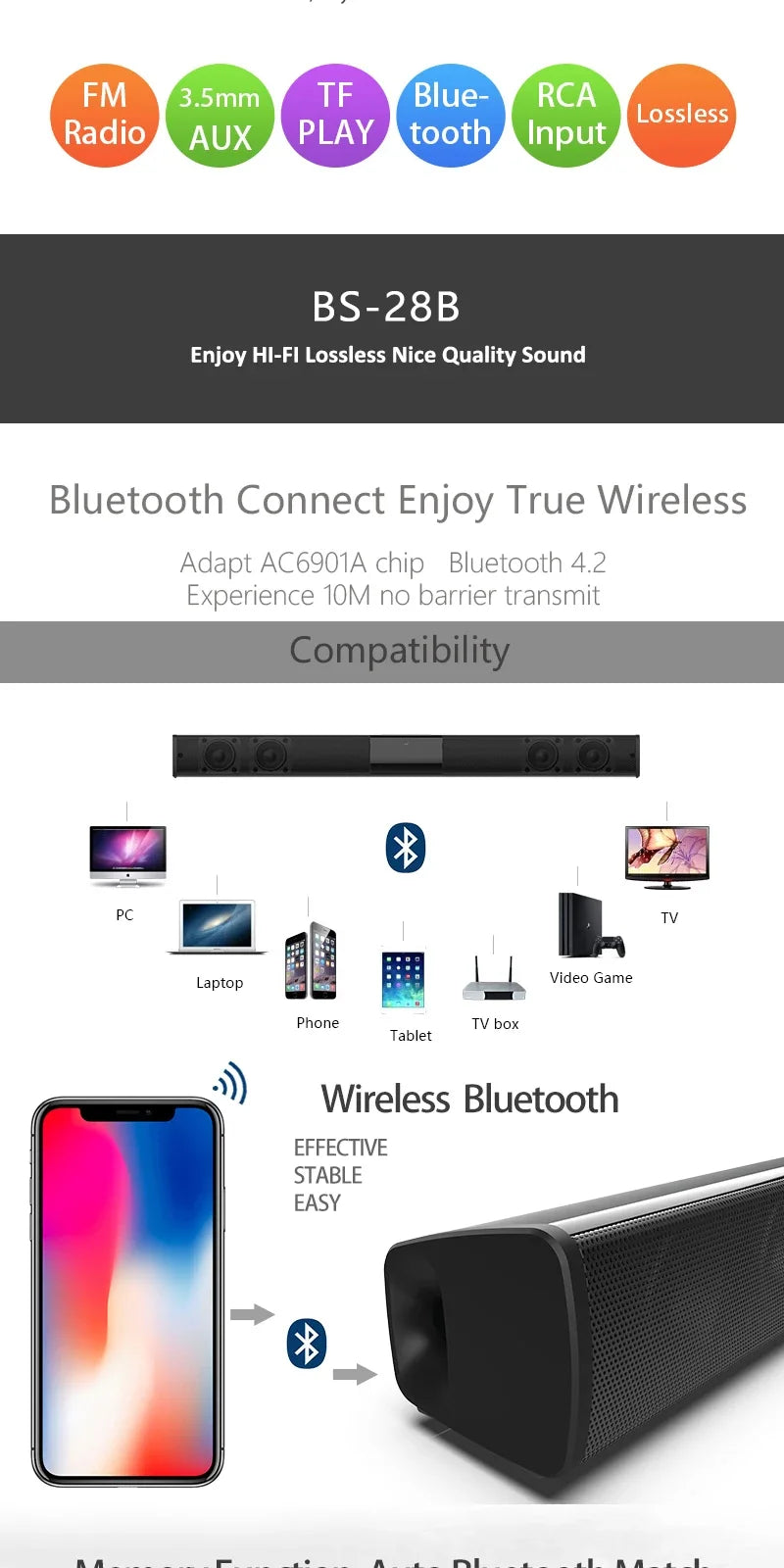 Bluetooth Speaker Column High Power Portable Speaker TV SoundBar for Computer Music Center Boom Box with TF AUX USB Radio